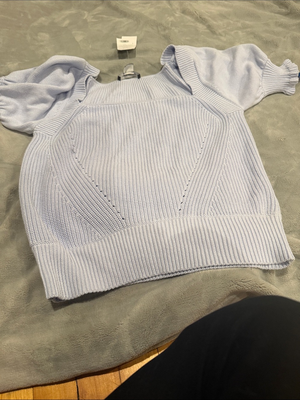 French Connection Light Blue Off-Shoulder Knit Sweater with Puff Sleeves